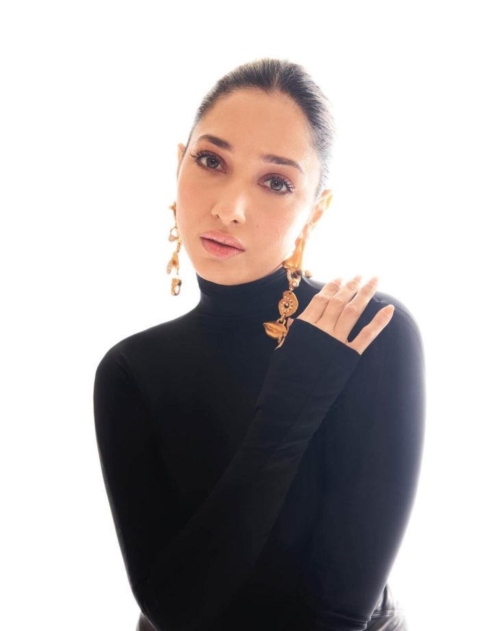 Tamannaah Bhatia Makes Heads Turn In Classic Black Body-hugging Gown With Gold Earrings 852619