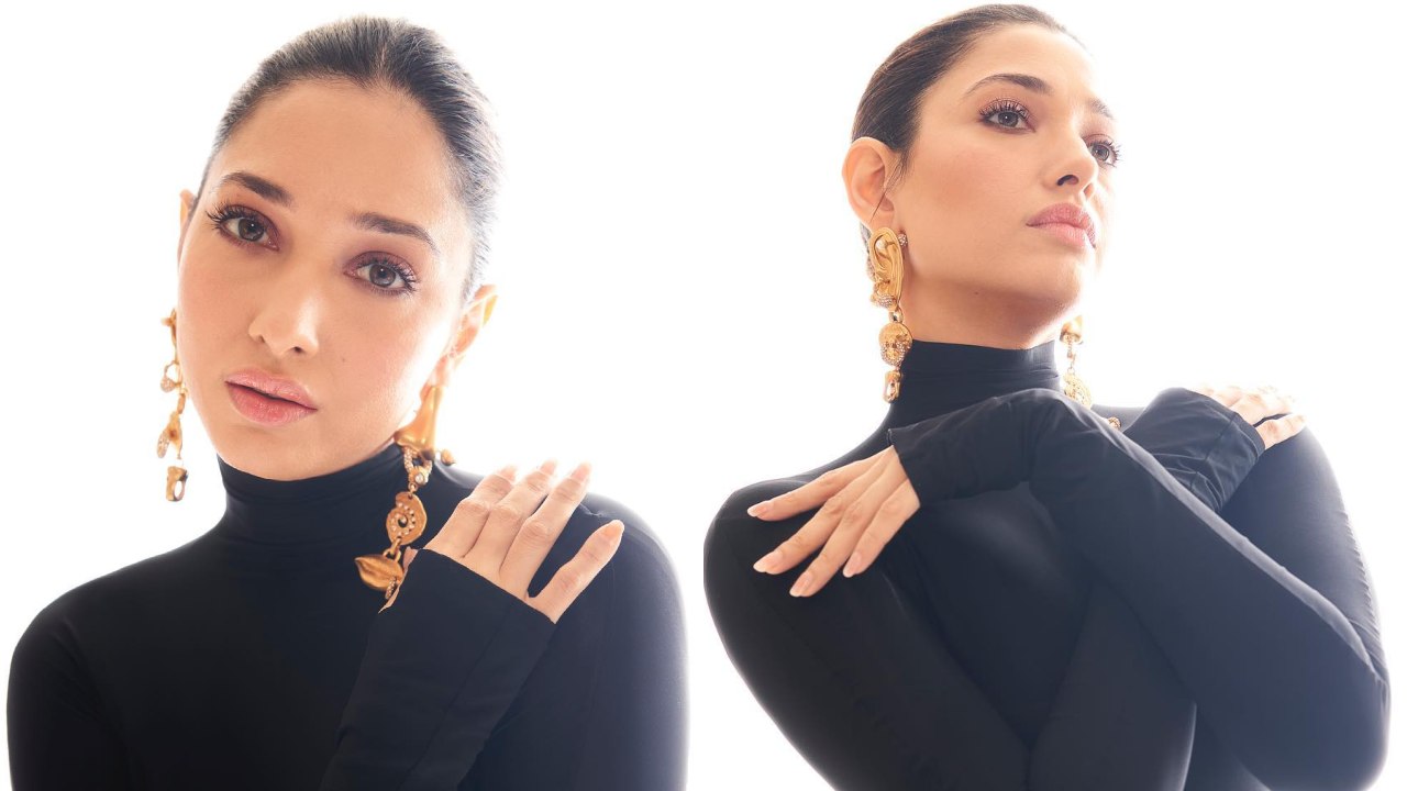 Tamannaah Bhatia Makes Heads Turn In Classic Black Body-hugging Gown With Gold Earrings 852613