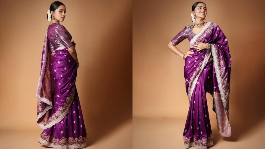 Anupama Parameswaran Create Magic In Purple Saree, Gold Necklace Set, And Gajra Bun 864512