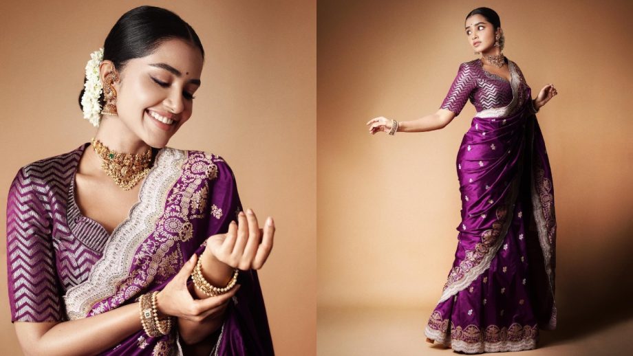 Anupama Parameswaran Create Magic In Purple Saree, Gold Necklace Set, And Gajra Bun 864511