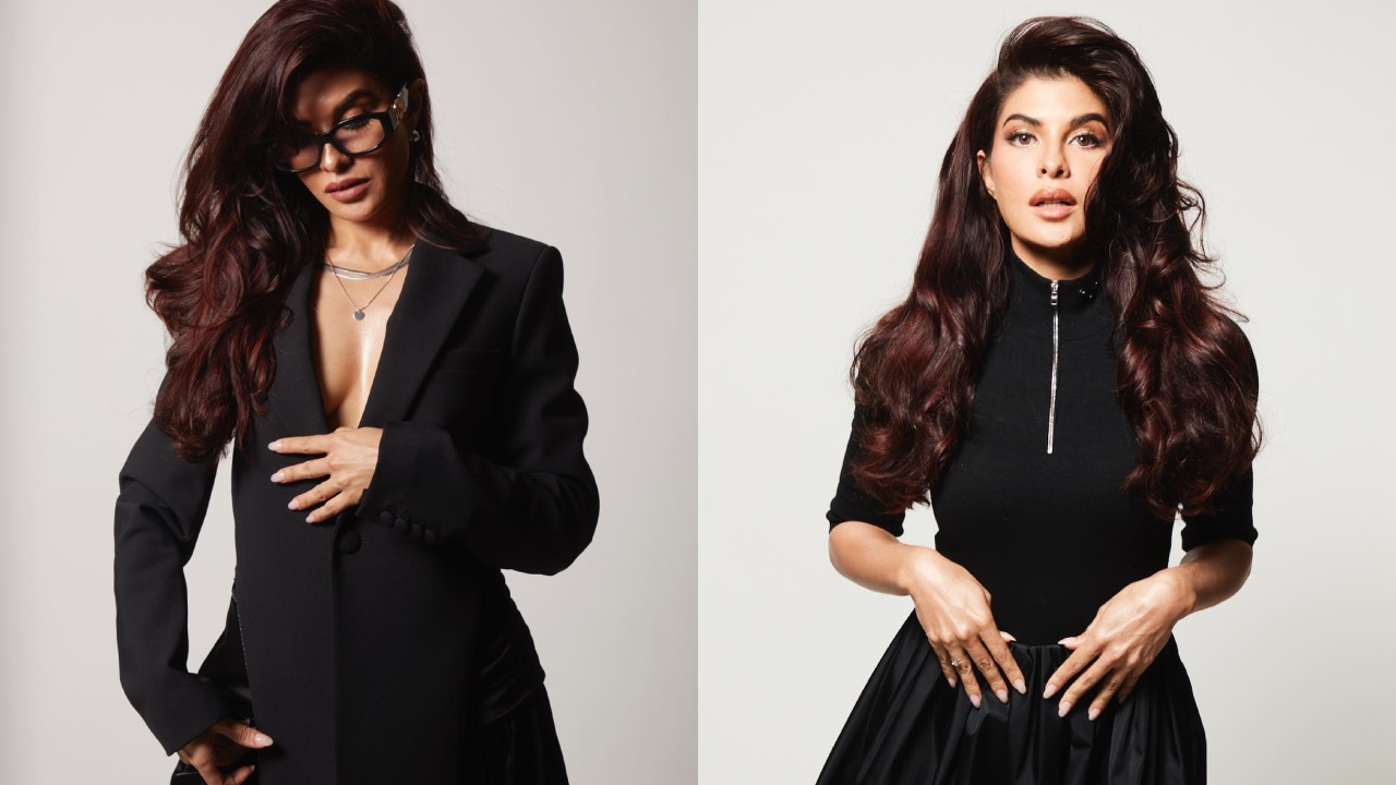 Corporate Couture: Jacqueliene Fernandez startles in black pantsuit and nerdy glasses 865021