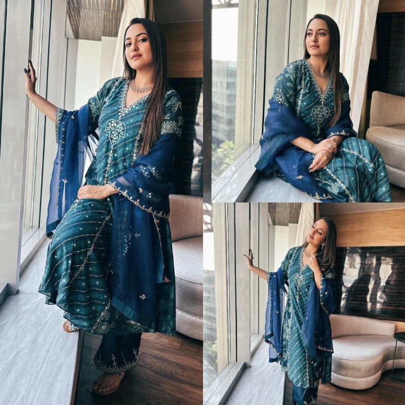Festive Flair: Sonakshi Sinha curls divine in simple navy blue zari work salwar suit 862948
