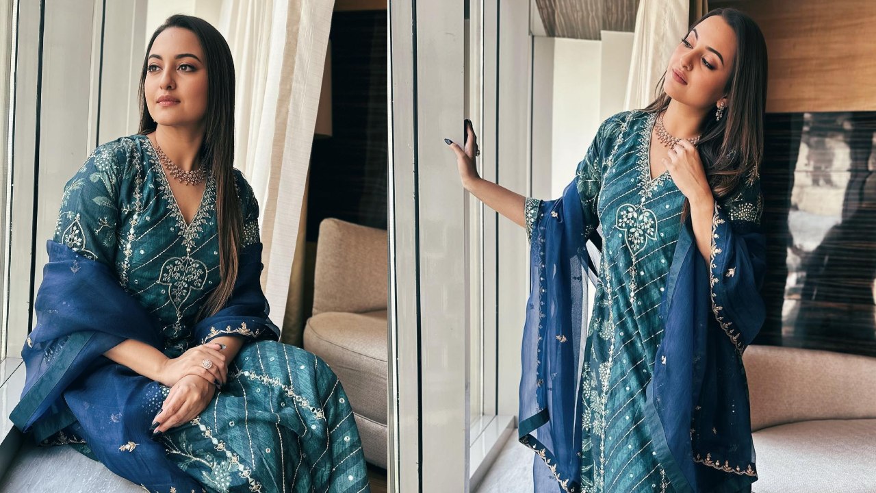 Festive Flair: Sonakshi Sinha curls divine in simple navy blue zari work salwar suit 862949