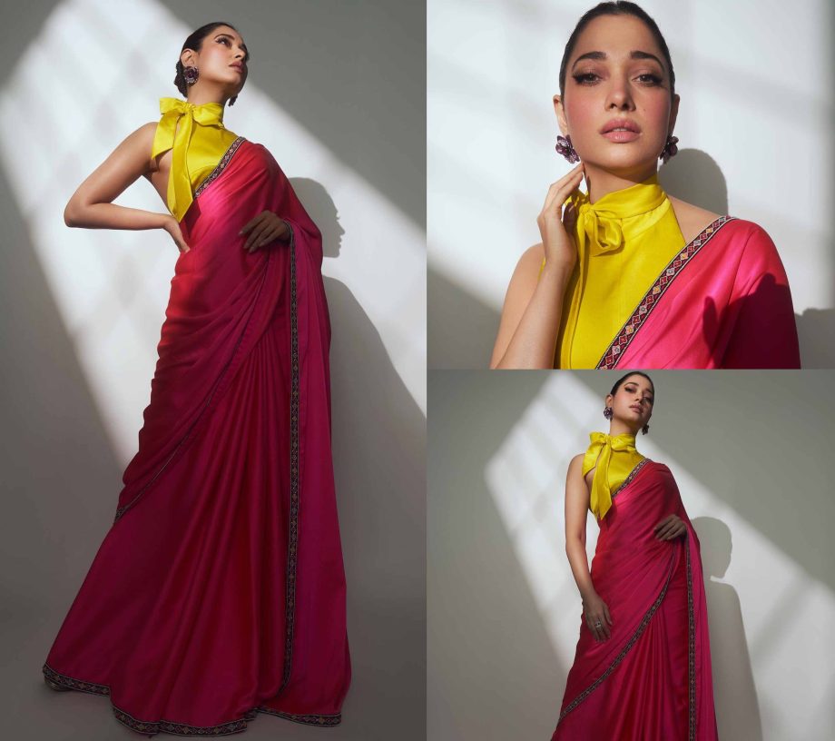 Glam up like Tamanna Bhatia in neon pink saree and halter neck blouse [Photos] 860608