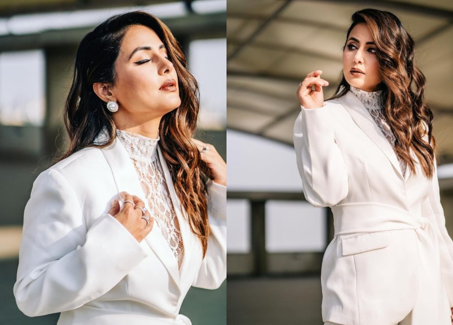 Hina Khan takes the crown in salt white pantsuit and white lace high-neck top 865414