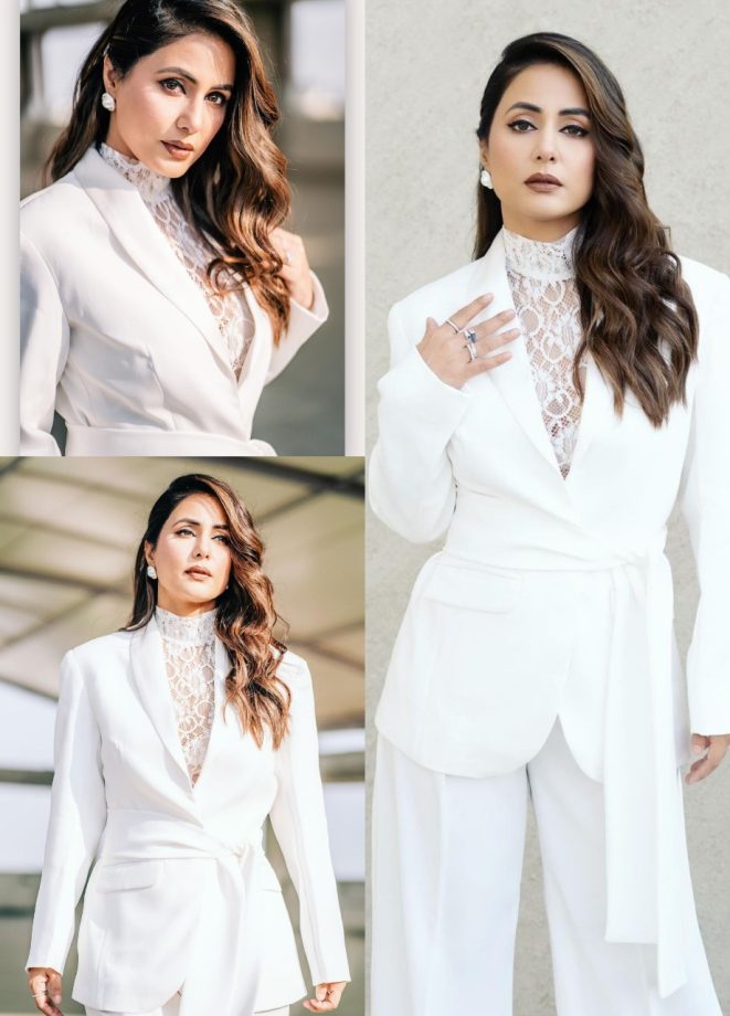 Hina Khan takes the crown in salt white pantsuit and white lace high-neck top 865415