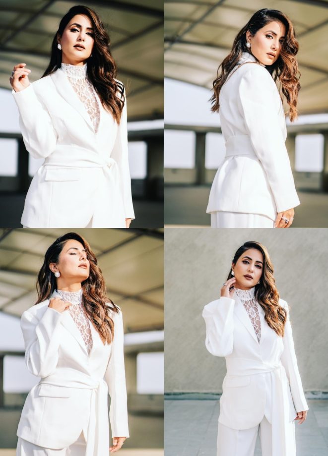 Hina Khan takes the crown in salt white pantsuit and white lace high-neck top 865416