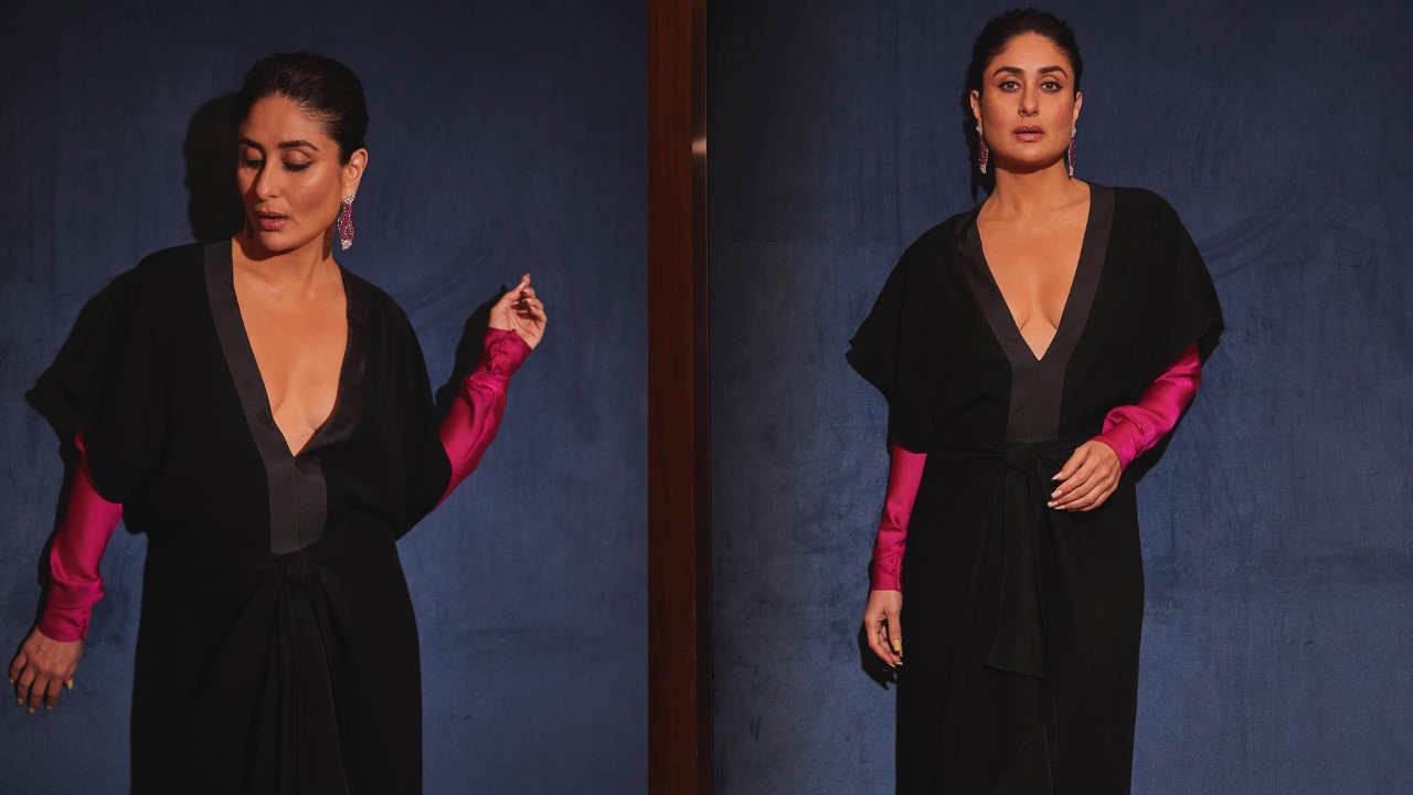 Kareena Kapoor gives her black plunging neck dress a rani pink twist, and we are in love 864969