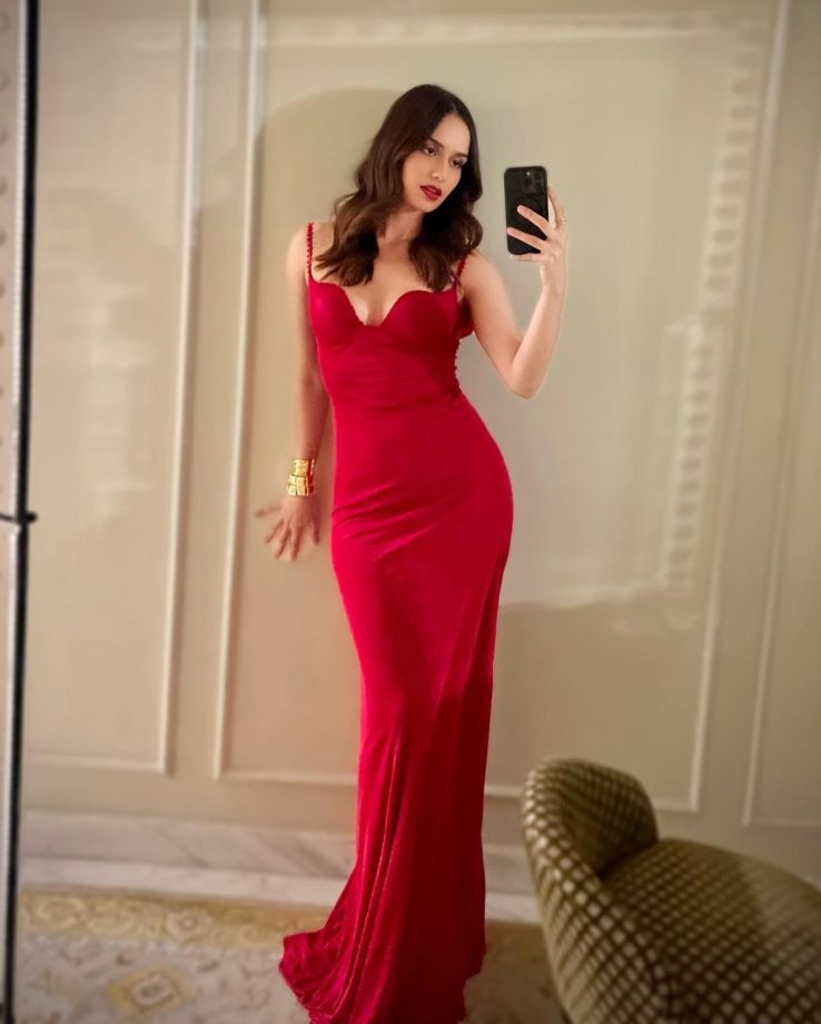Manushi Chillar spices it up in red deep plunge neck bodycon dress, check out photos 863710