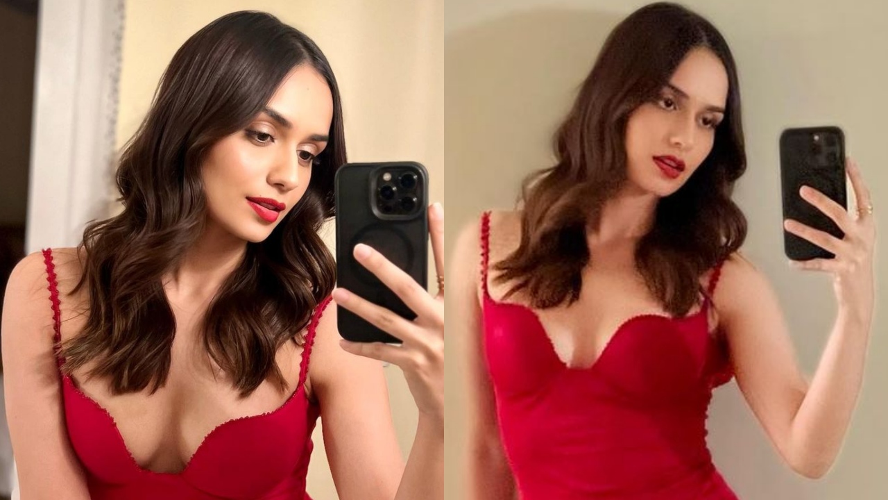 Manushi Chillar spices it up in red deep plunge neck bodycon dress, check out photos 863709