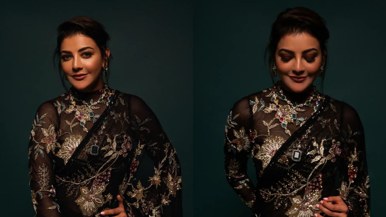 [Photos] Kajal Aggarwal startles in Rs. 2,10,000 rose-gold Badla embroidered black saree and bodysuit