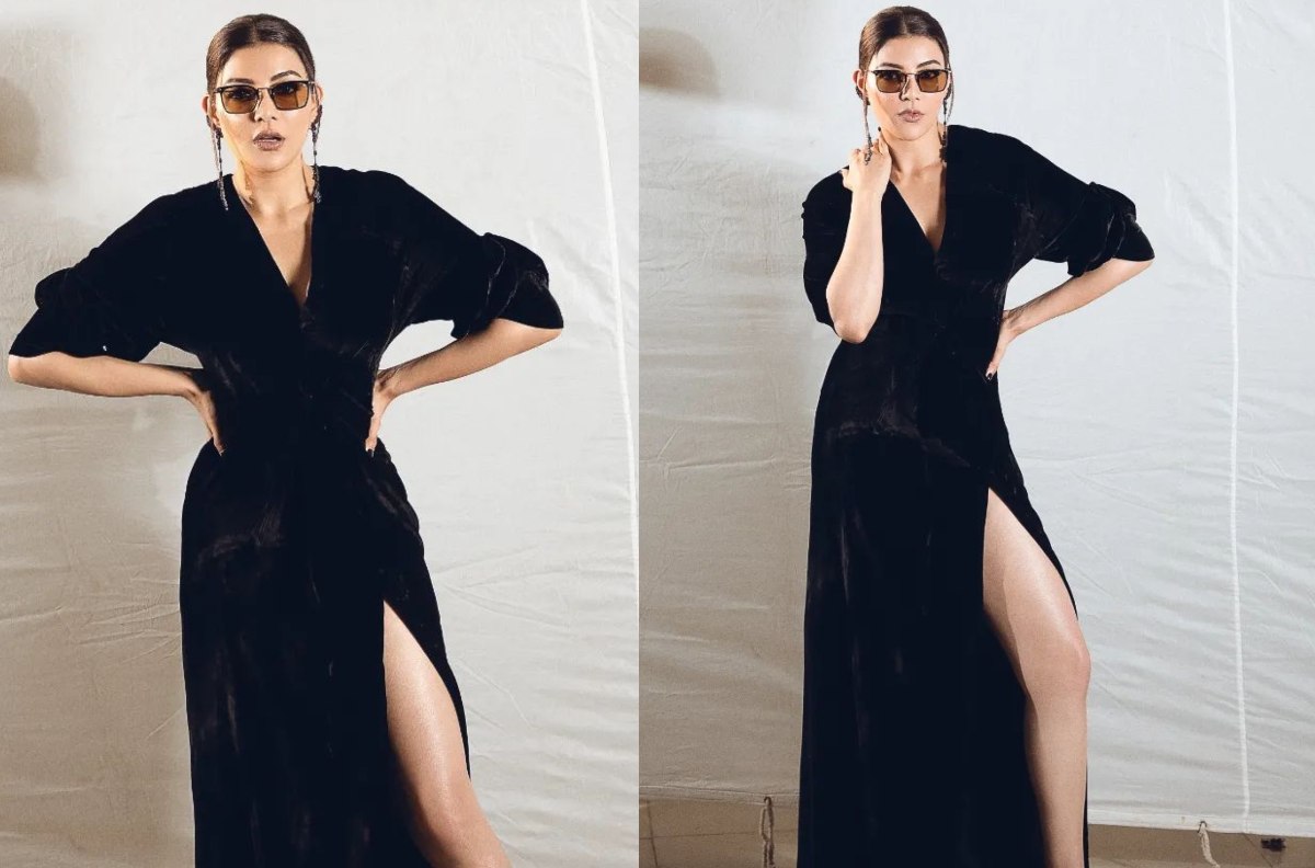 [Photos] Kajal Aggarwal Takes Fashion Next Level In Black Thigh-high Slit Gown With Specs 859867