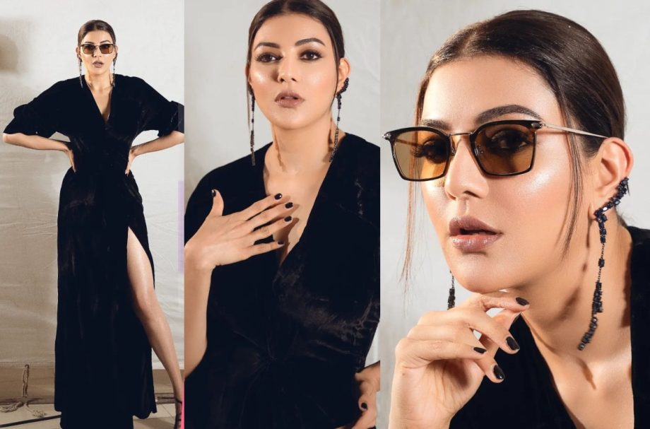 [Photos] Kajal Aggarwal Takes Fashion Next Level In Black Thigh-high Slit Gown With Specs 859866