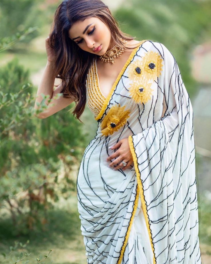 [Photos] Mouni Roy Slays In Modern-Day White Sarees And Sultry Blouse Design, Take Cues 858515