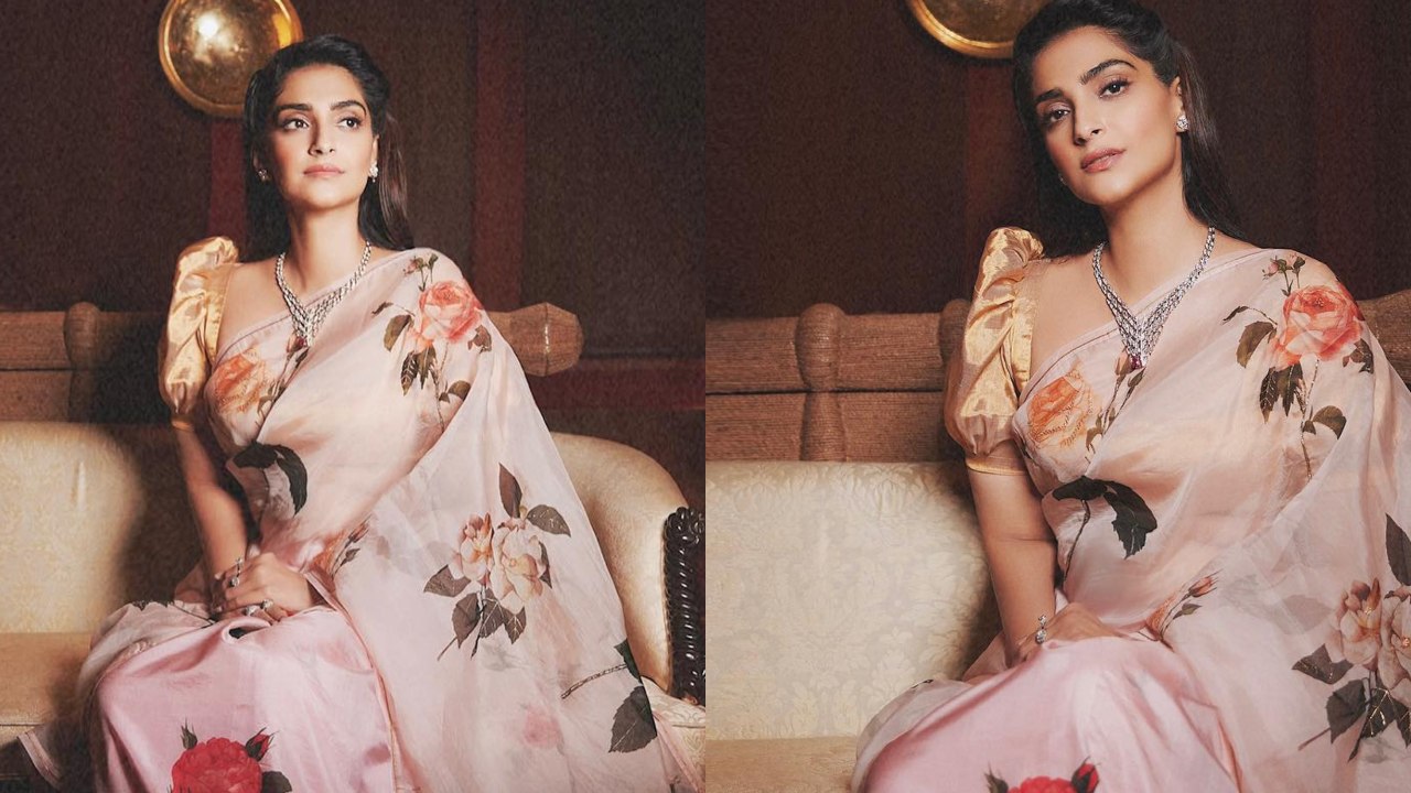 [Photos] Sonam Kapoor Is Vision In Floral Organza Saree With Puffy Sleeves Blouse 862627
