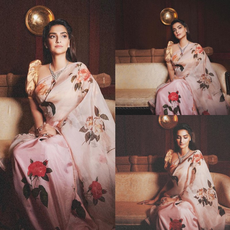 [Photos] Sonam Kapoor Is Vision In Floral Organza Saree With Puffy Sleeves Blouse 862625