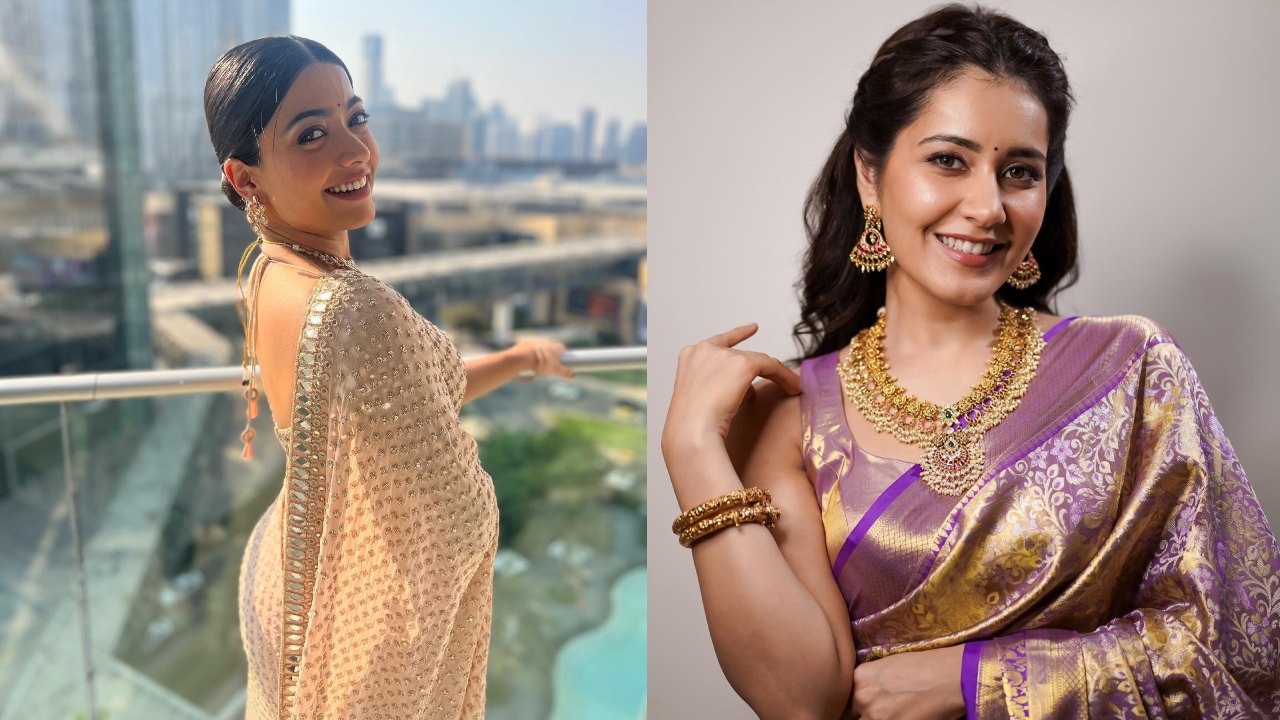 Rashmika Mandanna And Raashi Khanna Show Their Simplicity In Saree With Necklace Set