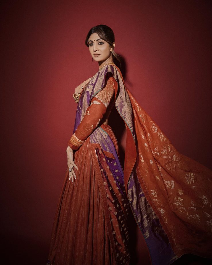 Shilpa Shetty glams up in flared rust orange lehenga choli set, check out photos