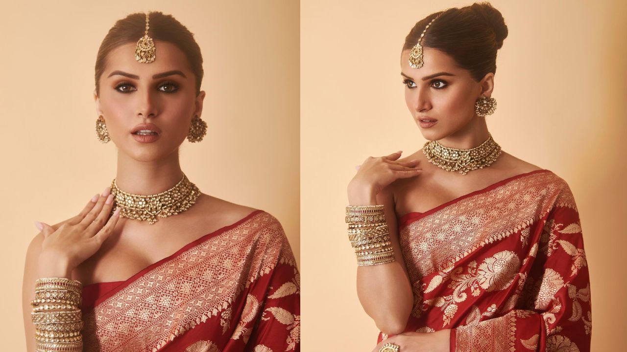 Tara Sutaria Goes Bold In Banarsi Saree With Sparkling Necklace Set For 'Apurva' 863940