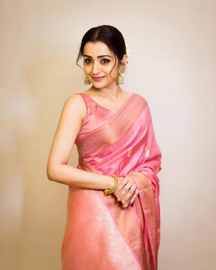 Trisha Krishnan curls ethnic glory in pink silk saree and sleeveless blouse [Photos] 865496