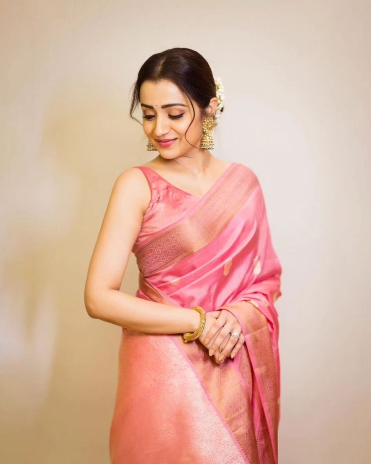 Trisha Krishnan curls ethnic glory in pink silk saree and sleeveless blouse [Photos] 865497