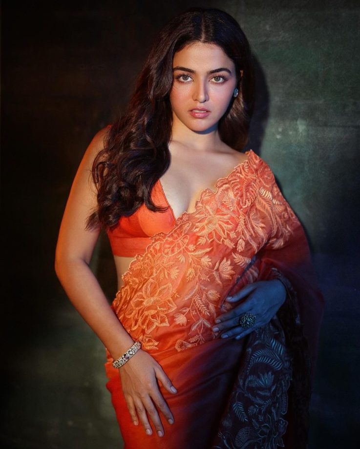 Wamiqa Gabbi Looks Dreamy In Orange Floral Saree With Plunging Blouse, Take A Look 862302