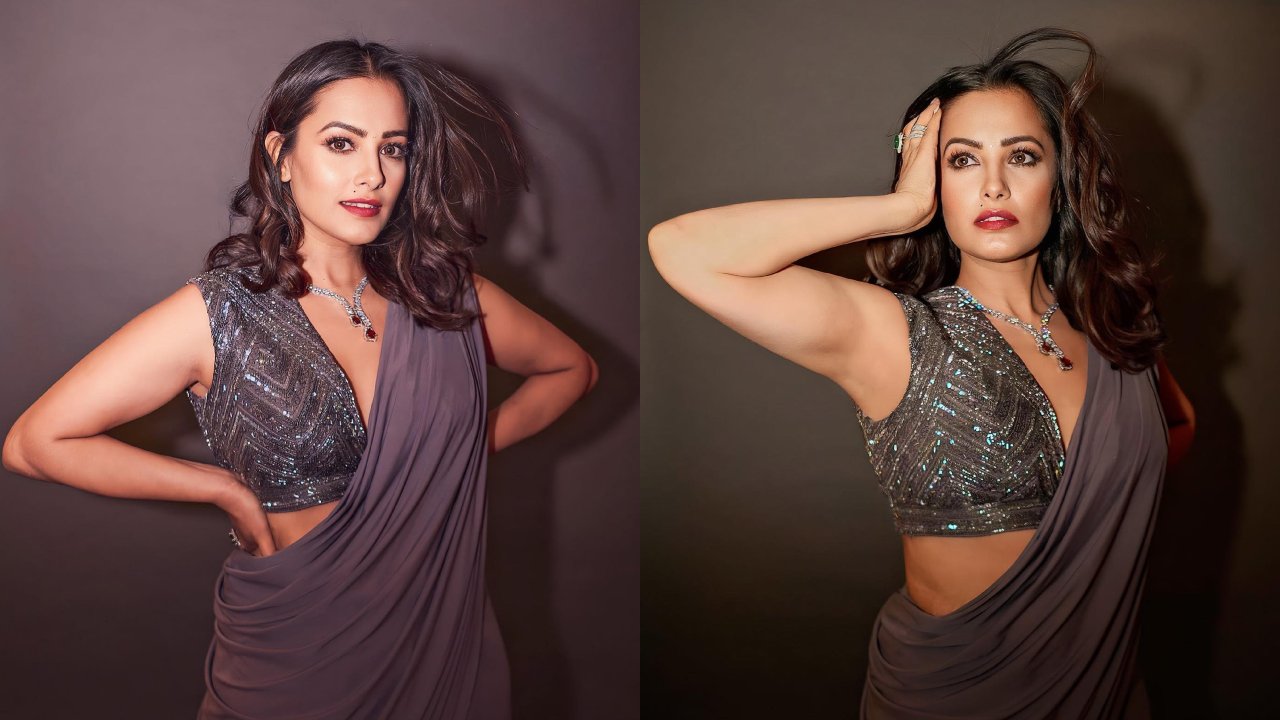 Elevate wedding guest style like Anita Hassanandani in silk saree and deep neck embellished blouse design 869737
