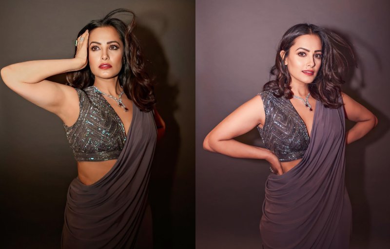 Elevate wedding guest style like Anita Hassanandani in silk saree and deep neck embellished blouse design 869736