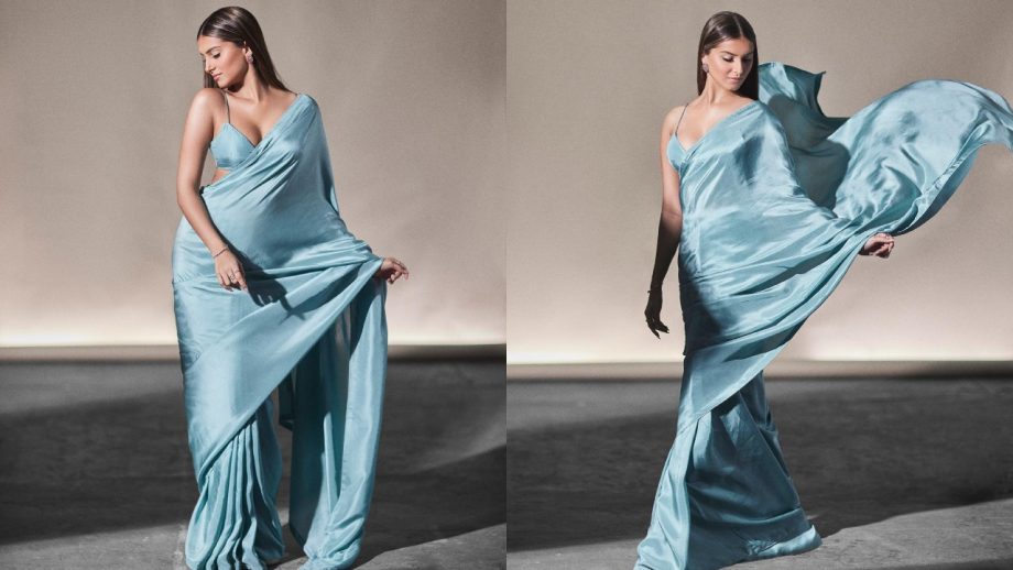 In Pics: Tara Sutaria looks dreamy in blue sheer satin saree and deep neck blouse 867120