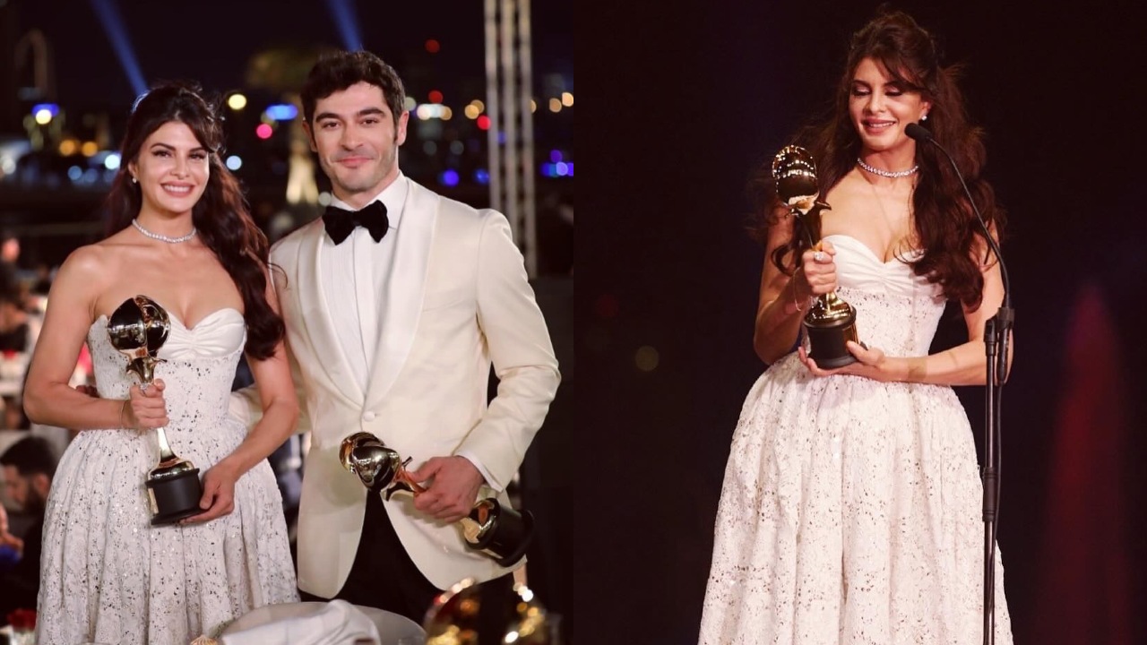 Jacqueline Fernandez Honored at The Distinctive International Arab Festivals Awards, Strikes Pose with Burak Deniz