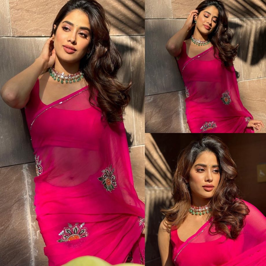 Janhvi Kapoor Is A Vision In Hot Pink Saree With Green Necklace 870824