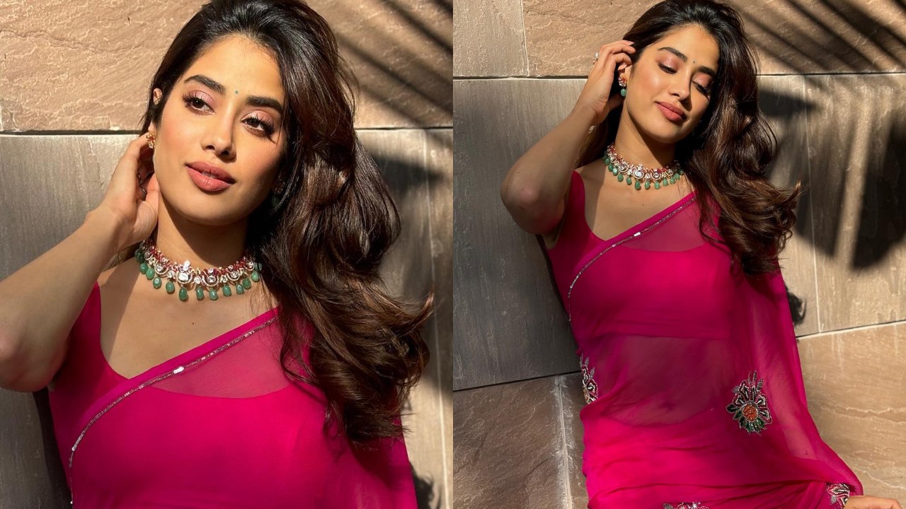 Janhvi Kapoor Is A Vision In Hot Pink Saree With Green Necklace