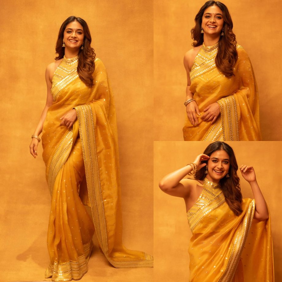 Keerthy Suresh shines in yellow shimmery saree, fans in awe 869253
