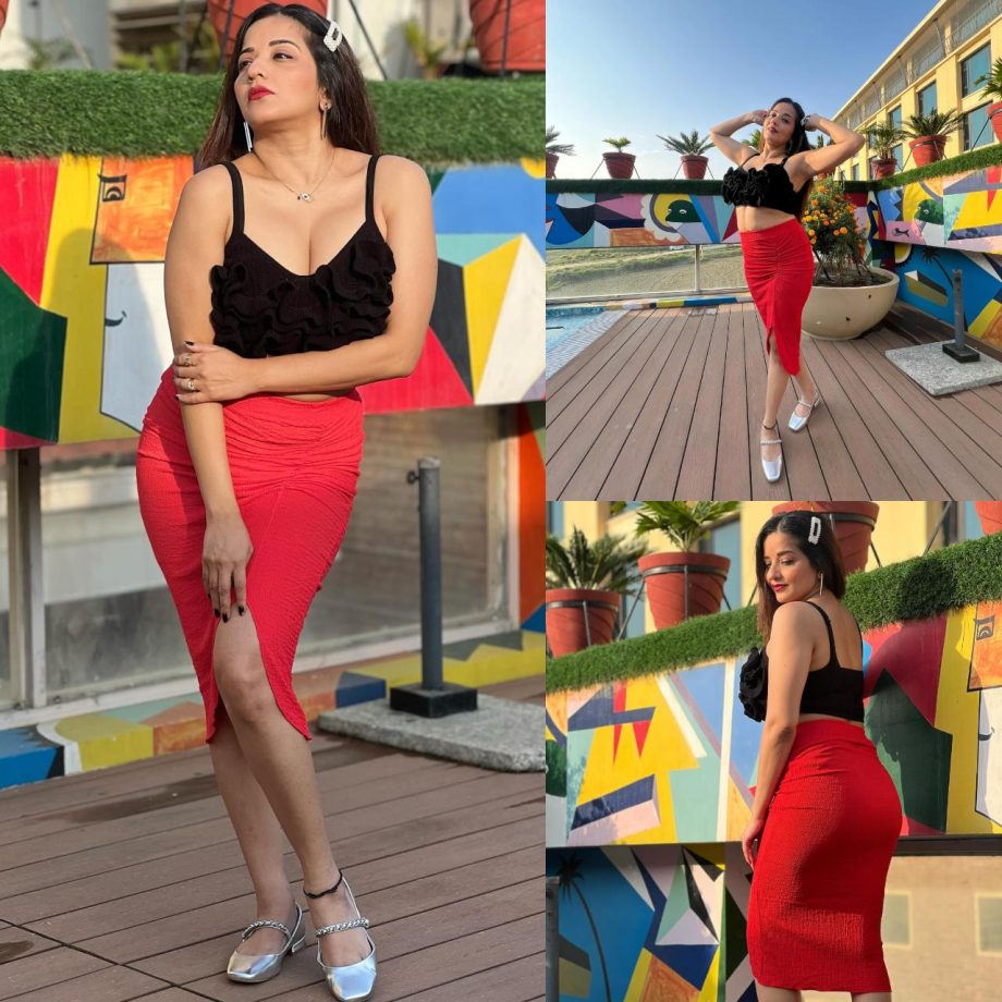 Monalisa sets internet ablaze with her saucy look in deep neck crop top and red mini skirt 871139