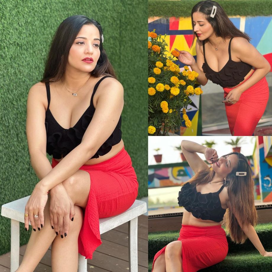 Monalisa sets internet ablaze with her saucy look in deep neck crop top and red mini skirt 871140