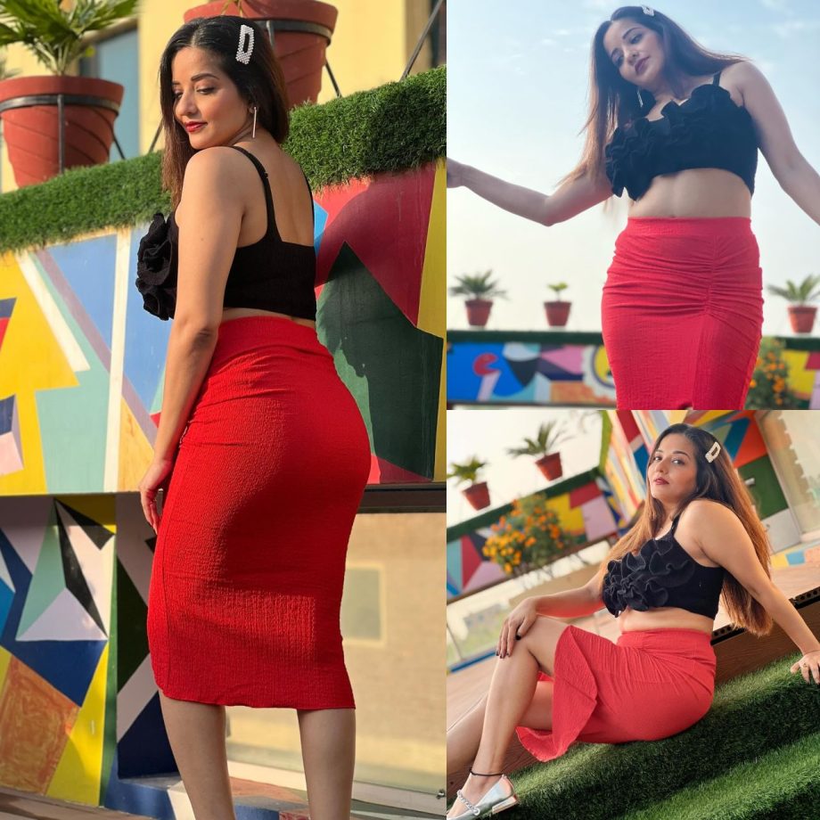 Monalisa sets internet ablaze with her saucy look in deep neck crop top and red mini skirt 871141