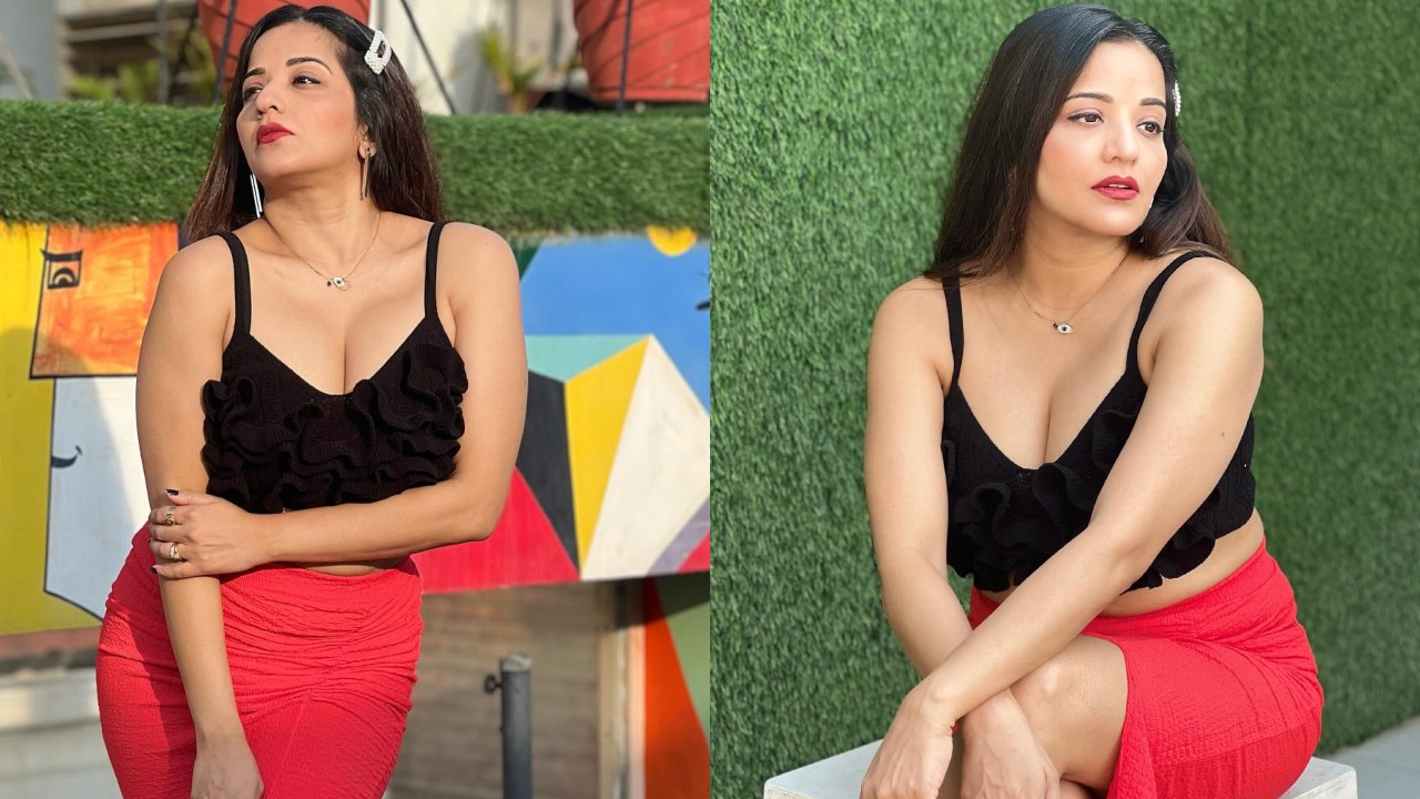 Monalisa sets internet ablaze with her saucy look in deep neck crop top and red mini skirt