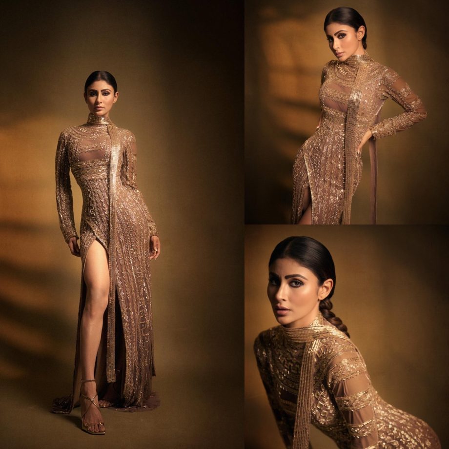 Mouni Roy goes all shine in golden embroidered high-thigh slit gown 870355