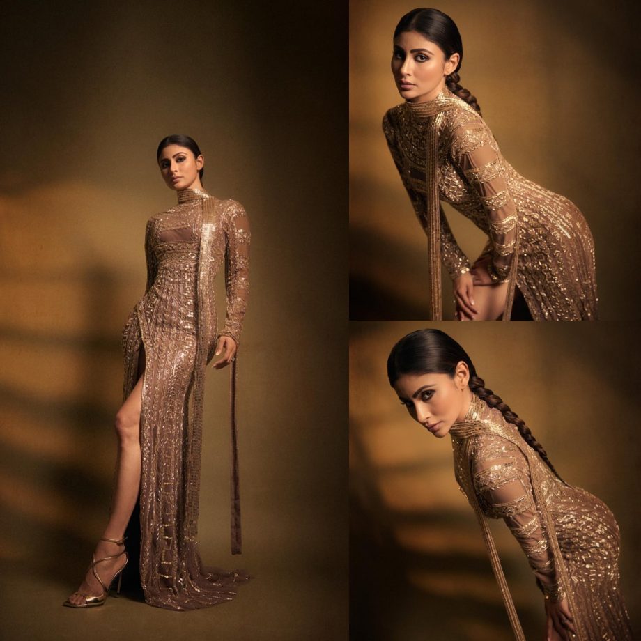 Mouni Roy goes all shine in golden embroidered high-thigh slit gown 870356