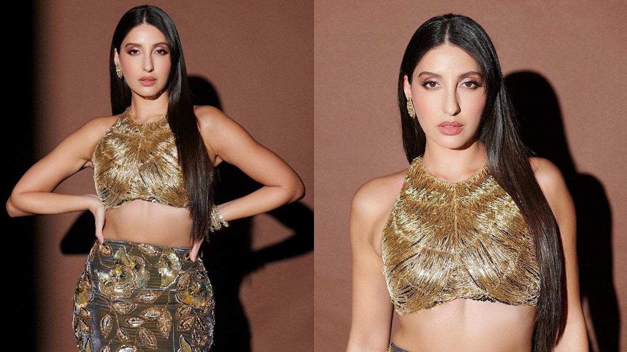 Nora Fatehi picks up festive fizz in fishtail lehenga choli and shimmery crop top blouse 869606