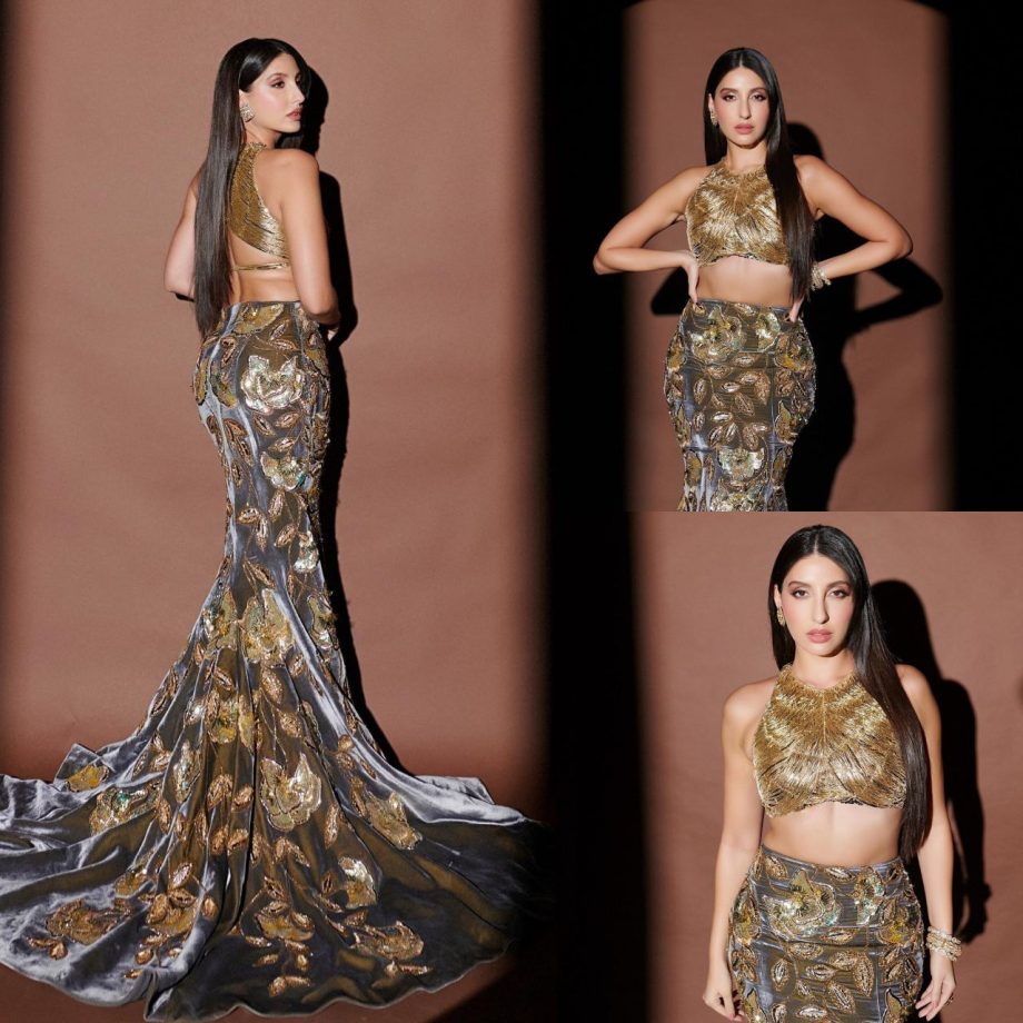 Nora Fatehi picks up festive fizz in fishtail lehenga choli and shimmery crop top blouse 869605