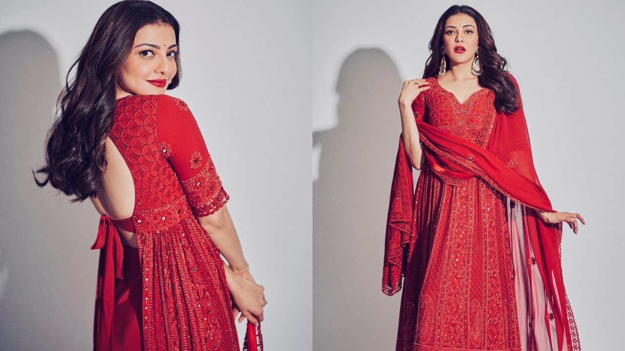 [Photos] Kajal Aggarwal shines in bright red chikankari Anarkali suit worth Rs 215,000