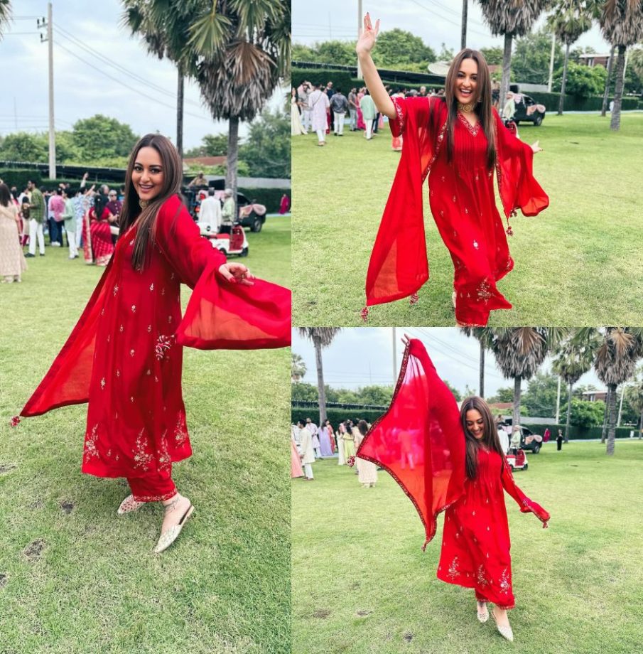 Red Affair: Sonakshi Sinha shines in red organza silk Anarkali suit worth Rs 45000 870975