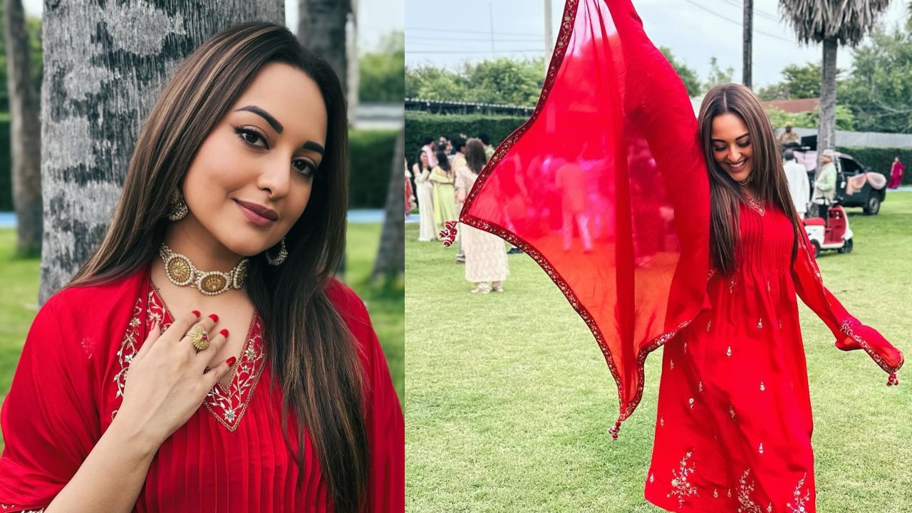 Red Affair: Sonakshi Sinha shines in red organza silk Anarkali suit worth Rs 45000