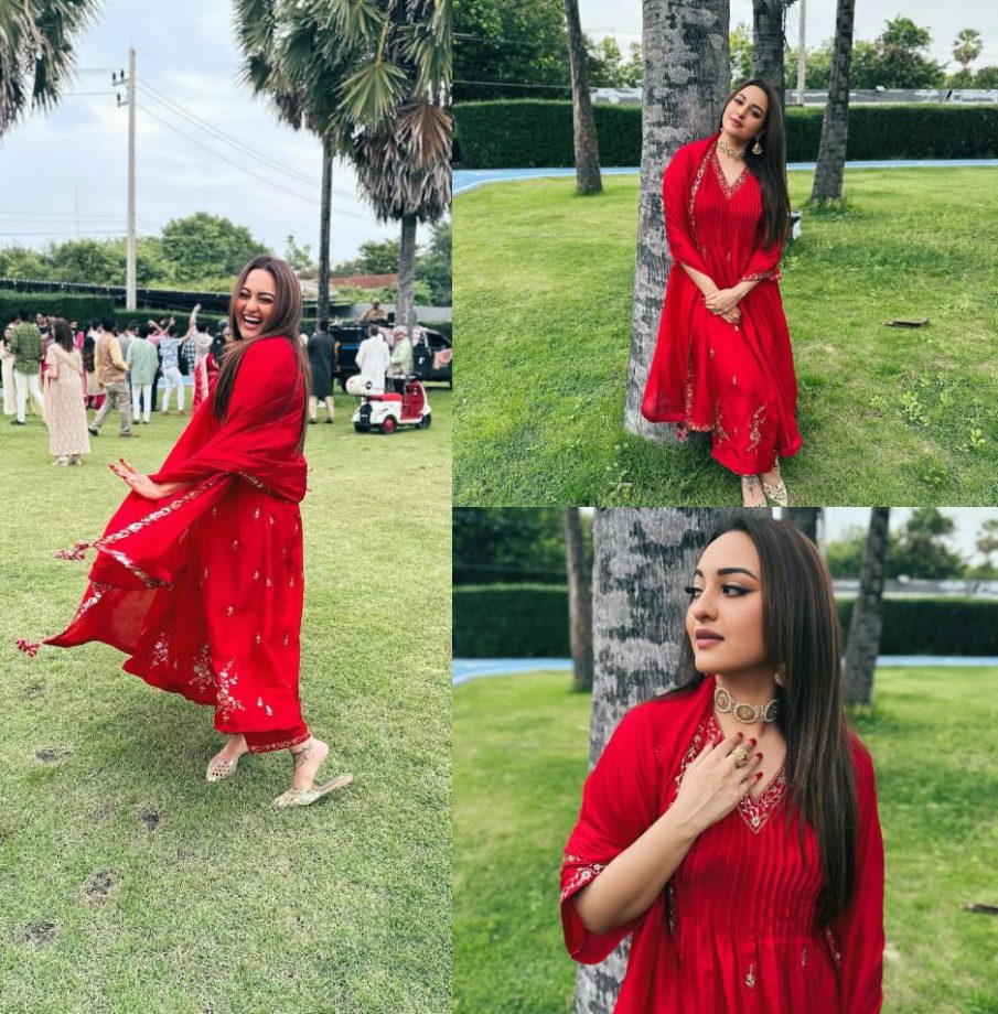 Red Affair: Sonakshi Sinha shines in red organza silk Anarkali suit worth Rs 45000 870974
