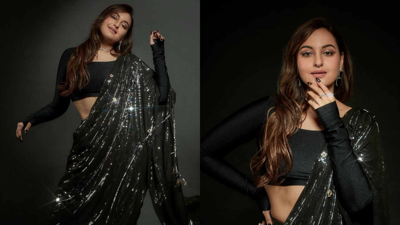 Sonakshi Sinha Shines In Black Sequin Saree With Diamond Accessories