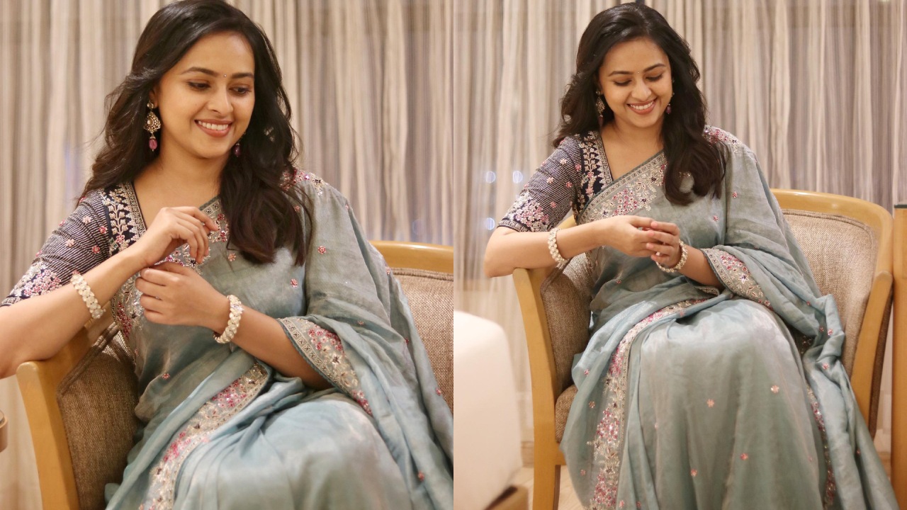 Sri Divya keeps it classic in embroidered blue saree for ‘Raid’ pre-release event [Photos]
