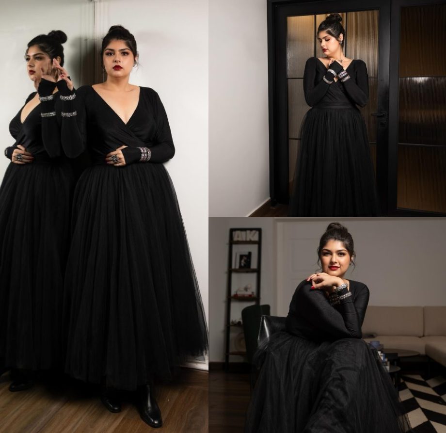 Stunner! Anshula Kapoor owns the deep plunge neck in black flared gown dress 871254