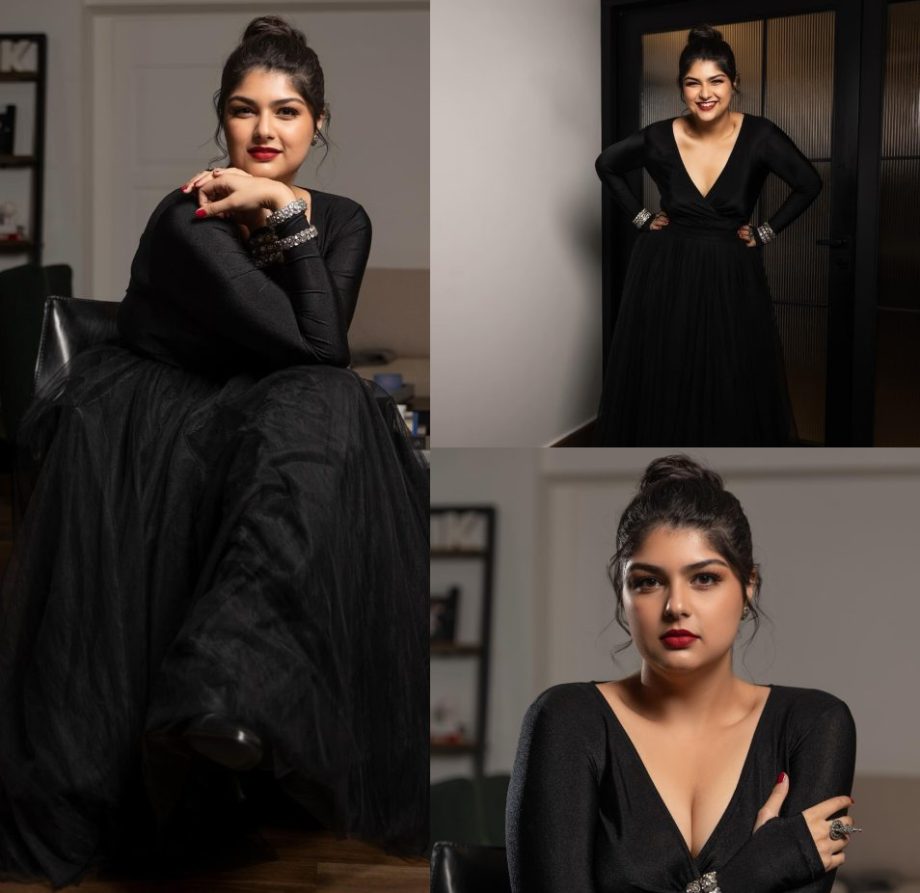Stunner! Anshula Kapoor owns the deep plunge neck in black flared gown dress 871253