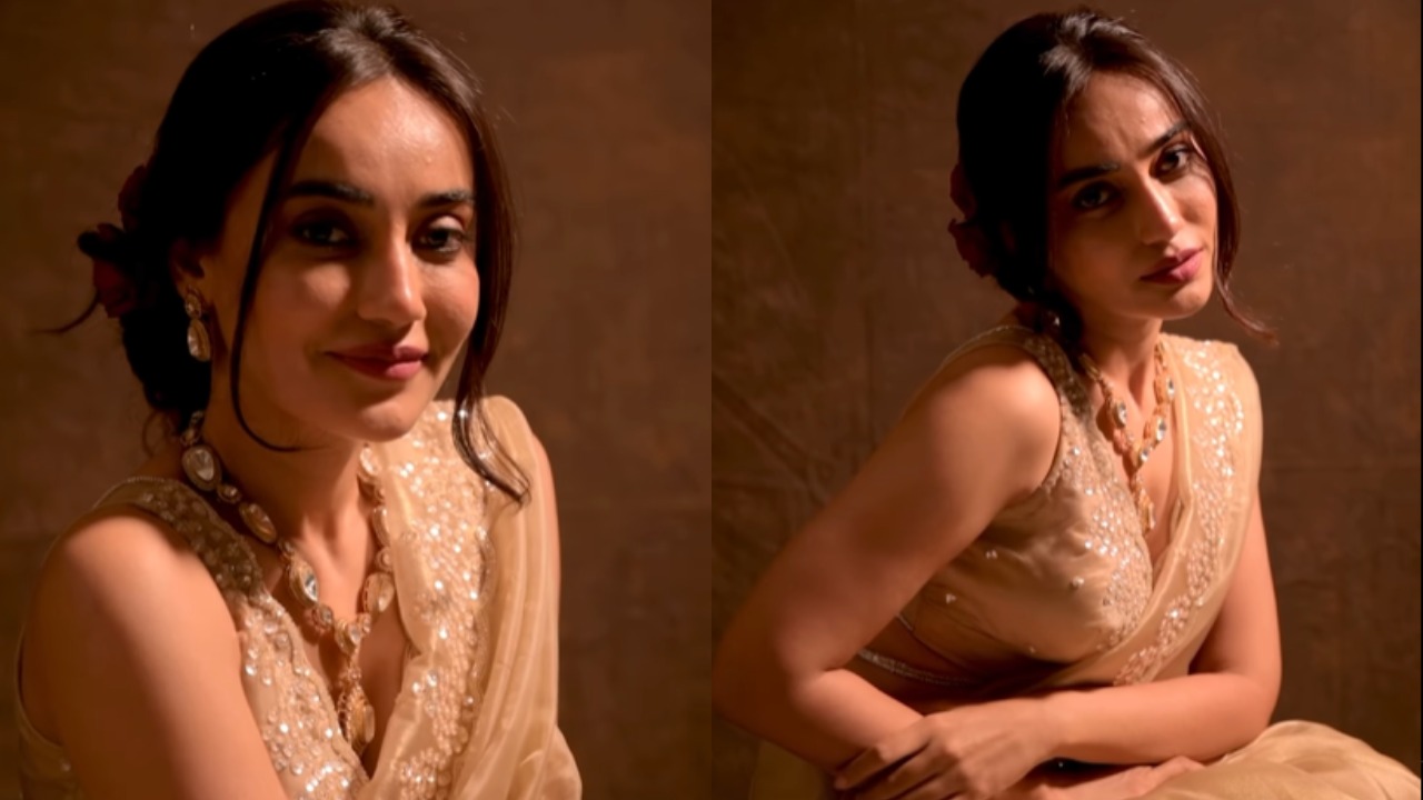 Surbhi Jyoti turns regal in beige embellished silk saree and plunge neck blouse design [Watch]